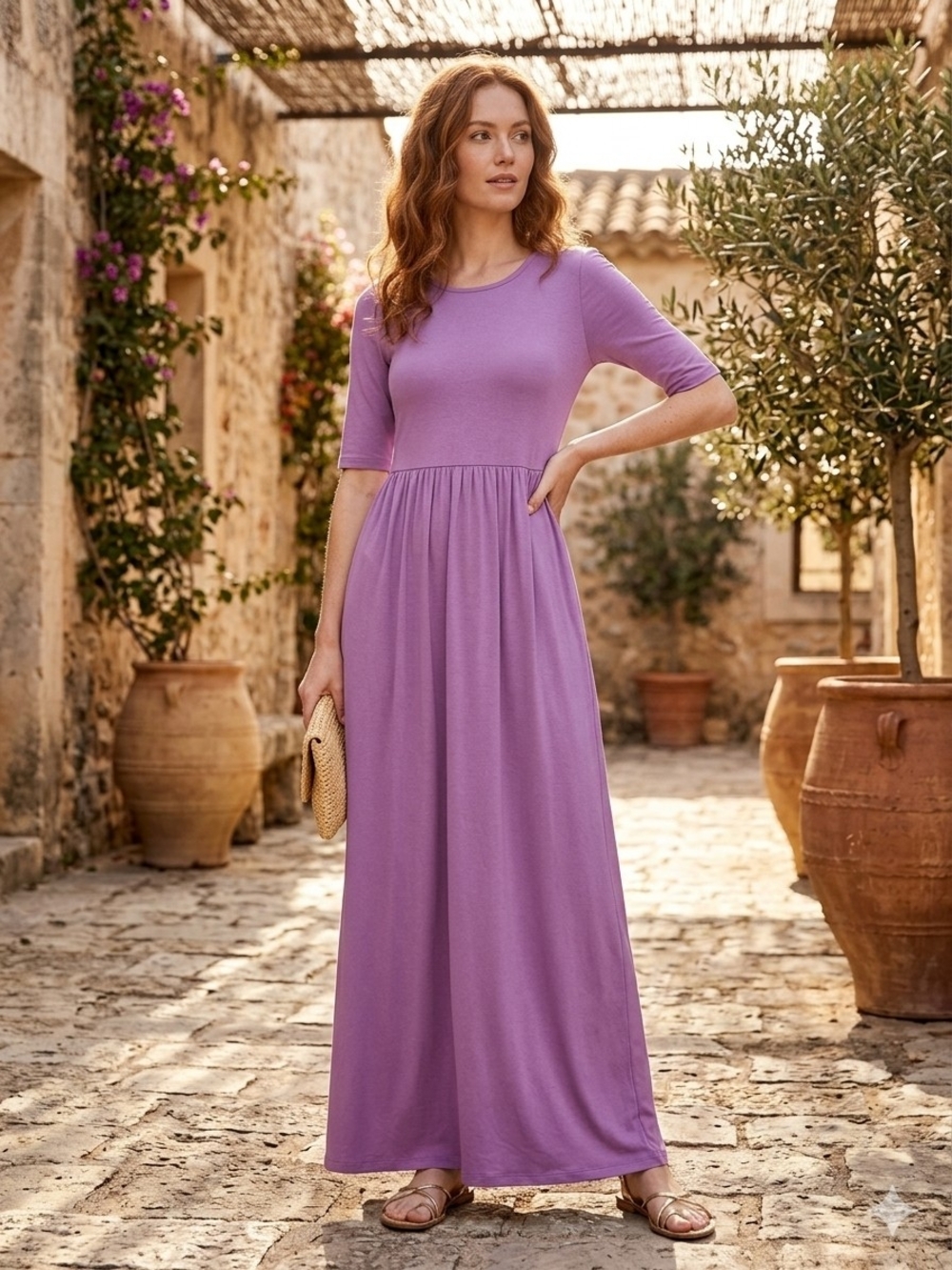 Lilac Maxi Dress with Elbow Sleeves